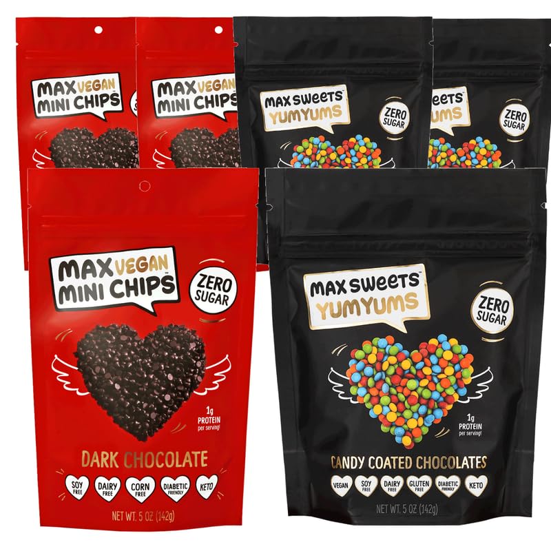 Max Sweets Dark Chocolate Yumyums & Vegan Mini Chocolate Chips - Delicious Sugar Free Candy Ideal For Keto Gluten Free Diaplayic Low Carb No Sugar Diets - 6 Pack