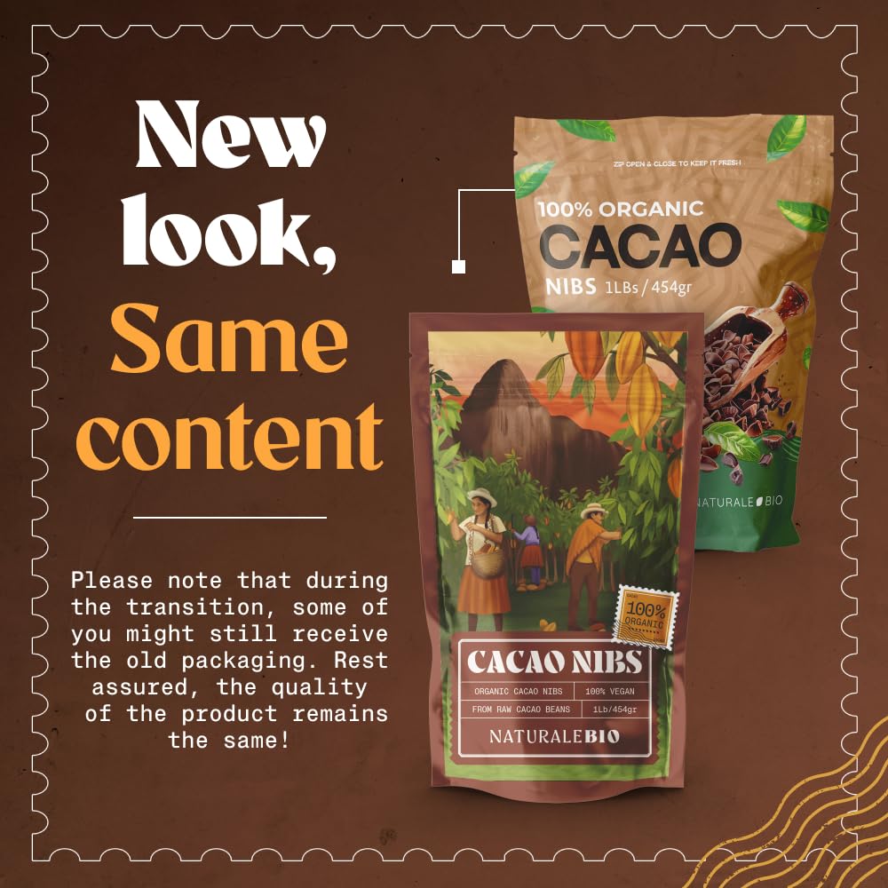 NaturaleBio Organic Raw Cacao Nibs 2 lbs. Natural and Pure. Made in Tropical Regions from The Theobroma Cacao Plant. Source of M