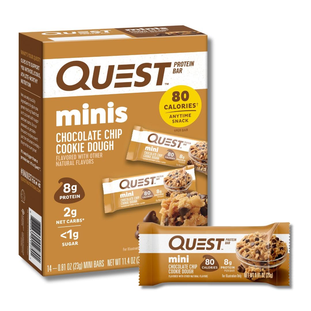 Quest Nutrition Mini Chocolate Chip Cookie Dough Protein Bars, 8G Protein, 1G Sugar, 2G Net Carbs, Gluten Free, 14 Count