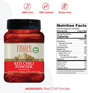 Pride Of India Red Chili Ground Spice - Pack of 6, 8oz Dual Sifter Jar, GMO/Gluten Free, Ideal for Gourmet & Savory Dishes
