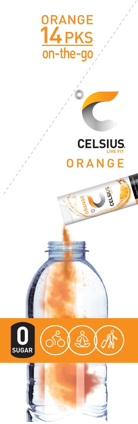CELSIUS Orange On-the-Go Powder Stick Packs, Pack of 14