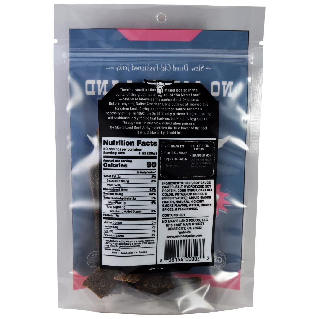 No Mans Land Hot Beef Jerky High Protein Low Calorie Low Carb Beef Snack 3.0Oz Bag