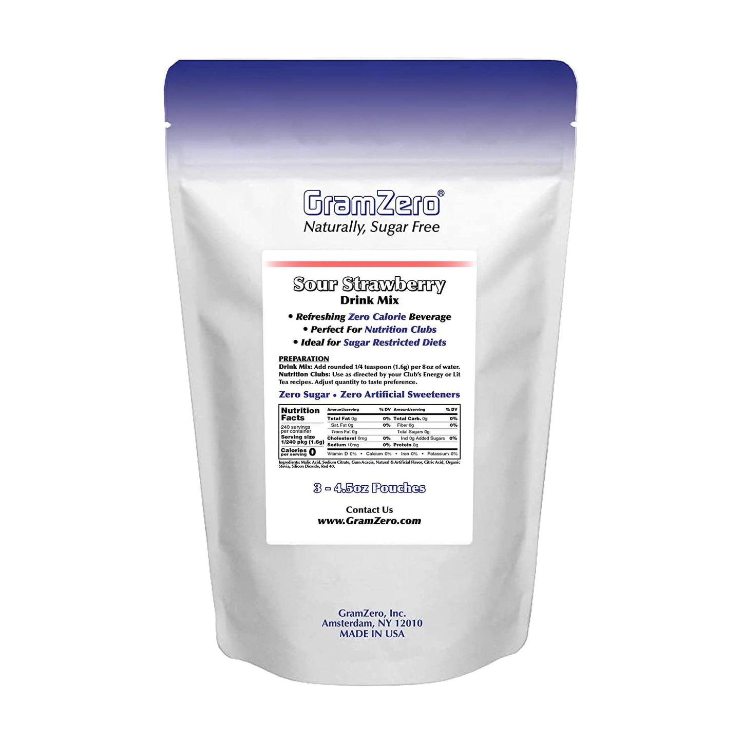 Gramzero Sour Strawberry Zero Calorie Sugar Free Drink Mix, Great For Nutrition Club Loaded Tea, Stevia Sweetened