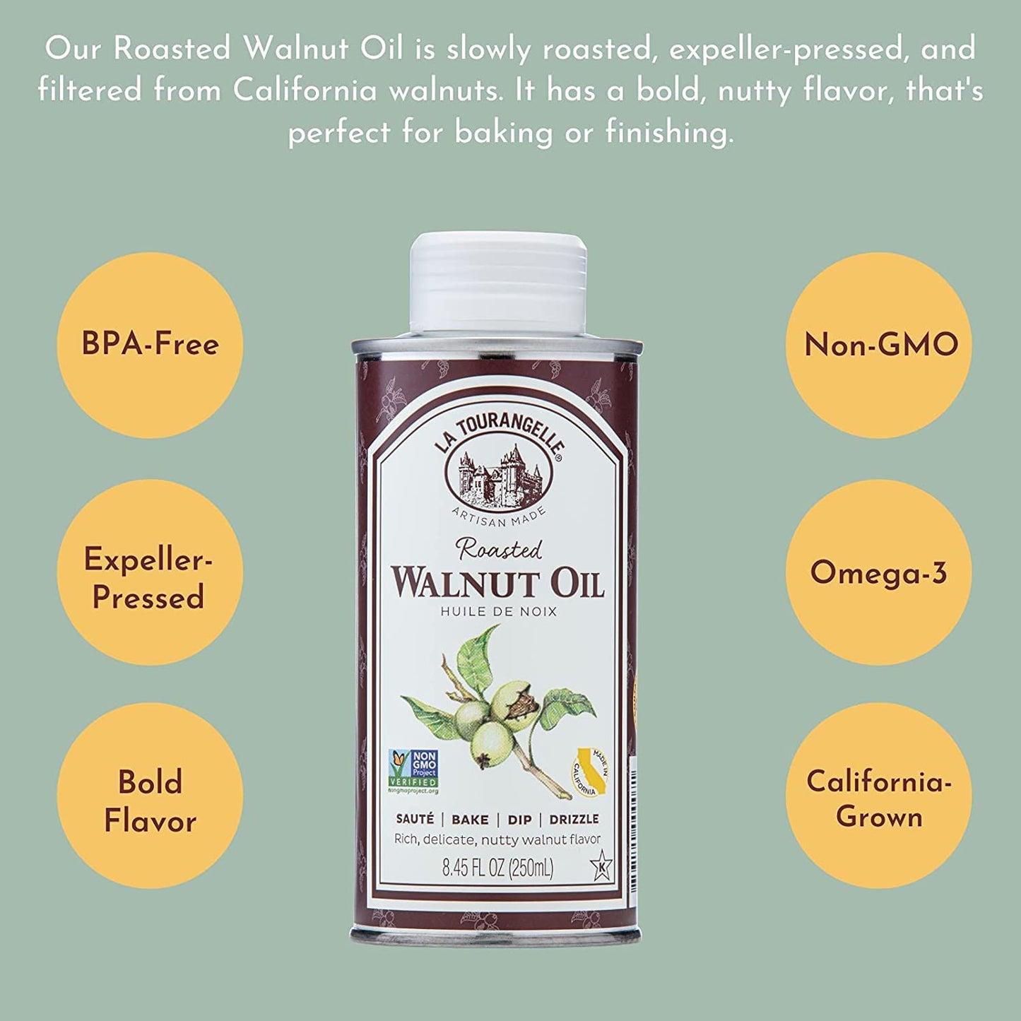 La Tourangelle, Roasted Walnut Oil, Plant-Based Source Of Omega-3 Fatty Acid, Cooking, Baking, & Beauty, 8.45 Fl Oz