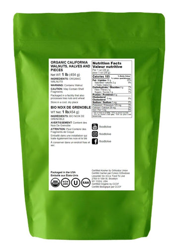 Organic California Walnuts Halves & Pieces, 1 Pound - Non-GMO, Raw, Unsalted, Shelled, Vegan, Kosher, Sirtfood, Bulk Snack. High