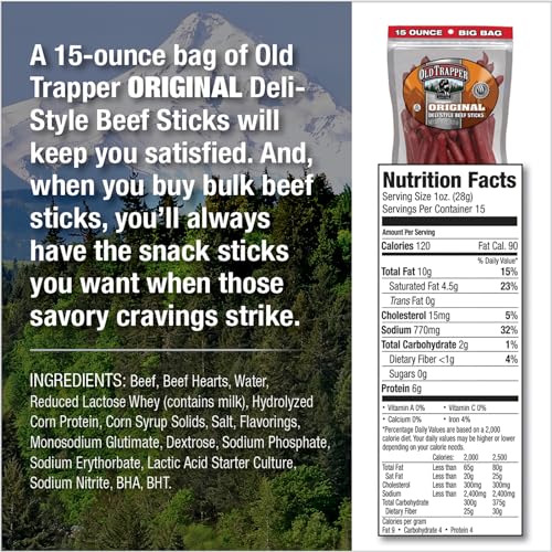 Old Trapper Beef Sticks - Original Deli Style, 6g Protein, 15 Oz Bag, Model 33115T