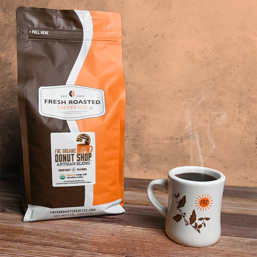 Fresh Roasted Coffee, Organic Donut Shop, 5 Lb (80 Oz), Medium Roast, Kosher, Whole Bean