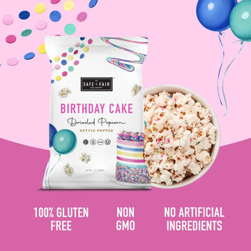 The Safe + Fair Food Company Birthday Cake Drizzled Popcorn - Gluten-Free, Vegan, 5.5 oz, Free From Top 9 Allergens, Non-GMO