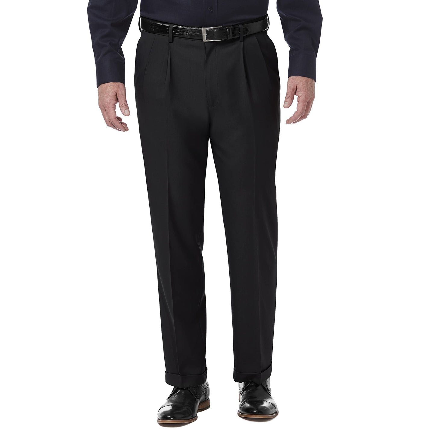 Haggar Mens Premium Comfort Classic Fit Pleat Expandable Waist Dress Pants, Black, 40W X 32L Us