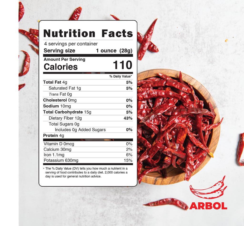 Doa Blanca Chile De Arbol 4Oz - Dried Whole Red Chili Peppers - Premium Dried Stemless Chiles - Spicy Hot Heat - Use In Mexican,