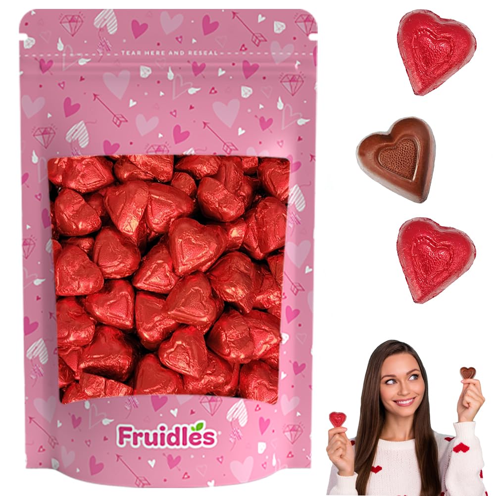Fruidles Valentines Milk Chocolate Hearts, Party Bag Fillers, Red Individually Wrapped Foils, Kosher Certified (2 Pounds)