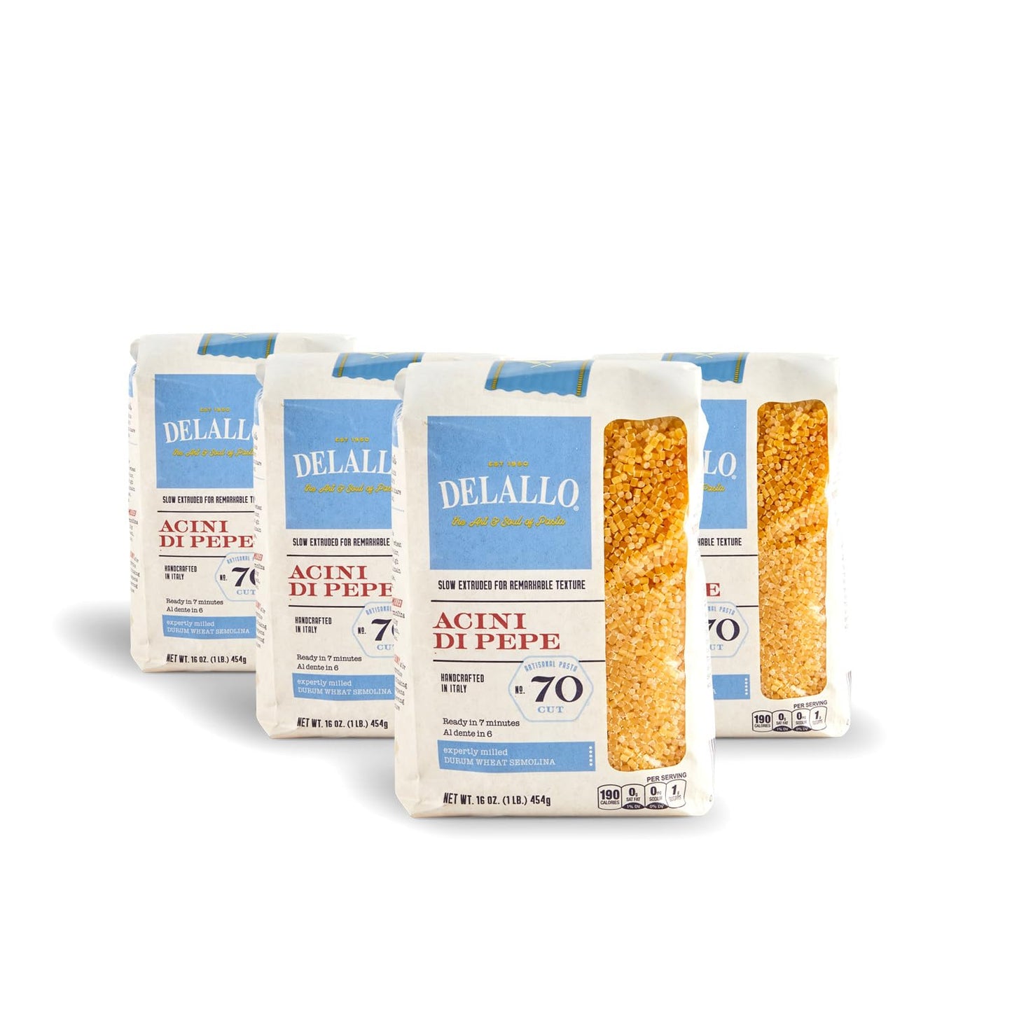 Delallo Acini Di Pepe Pasta Pastina Pasta Made In Italy Made With Only 100% Duflavor Blend Wheat Semolina Flour Non-Enriched All Natural Bronze Cut Kosher Non-Gmo 1 Pound Bag (4 Pack)