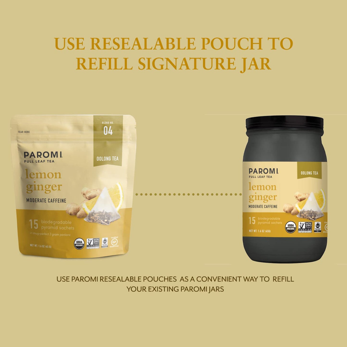 Paromi Lemon Ginger Organic Oolong Tea, Signature Jar, 15 Count