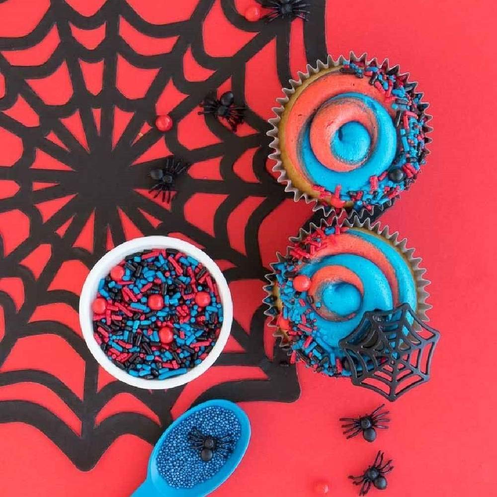 Spiderman Sprinkles For Cake, Cookie, Cupcake Decorating, And Baking - Fancy Edible Spiderman Cake Decorations Sprinkles And Toppings In Red, Blue, And Black Jimmies, Nonpareils, Sugar Pearl Sprinkles