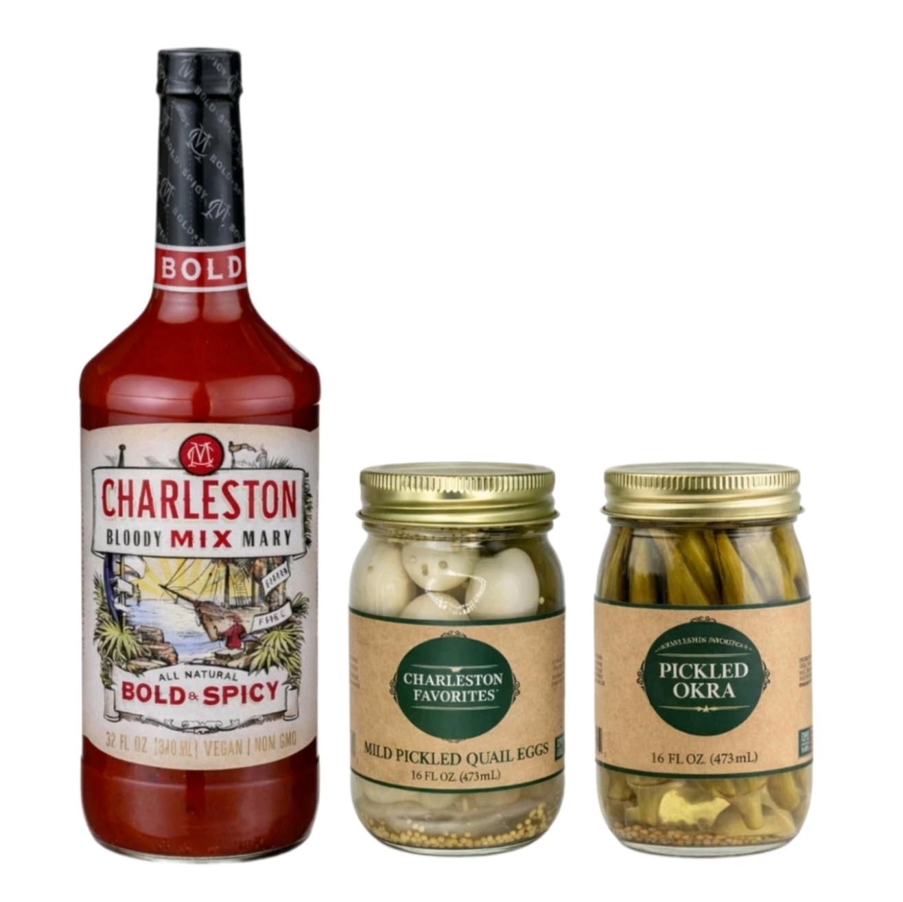 Mild Pickled Quail Eggs - 2-Pack Of 16 Fl Oz Jars & Savannah Sweet Tea 16Oz Southern Snack By Charleston Favorites Farm-Fresh Flavor Ready To Eat Keto Friendly (Bloody Mary Bundle)