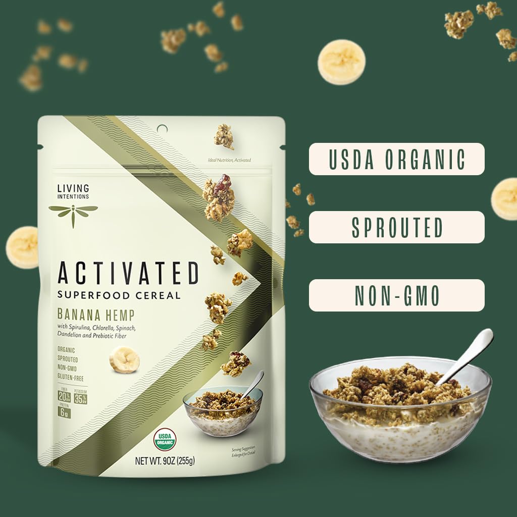 Living Intentions Organic Superfood Cereal - Banana Hemp - NonGMO - Gluten Free - Vegan - Paleo - Kosher - 9 Ounce Unit