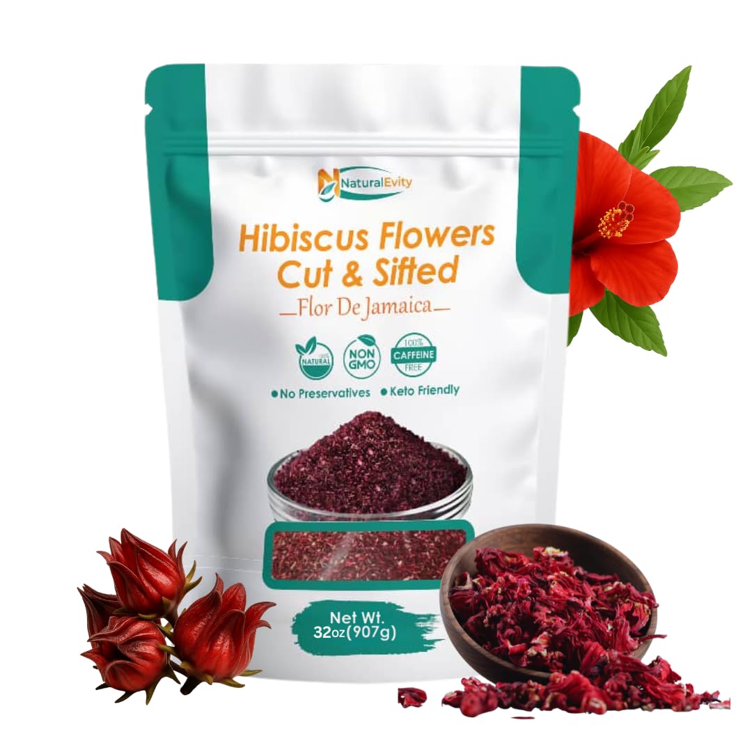 Naturalevity Hibiscus Tea Cut & Sifted (32 Oz) - Flor De Jamaica Herbal Tea Loose Leaf Hibiscus Flowers - Ayurveda Inspired Agua De Jamaica - Antioxidant-Rich & Refreshing - Perfect For Tea Blends Syrups & Infusions Non-Gmo