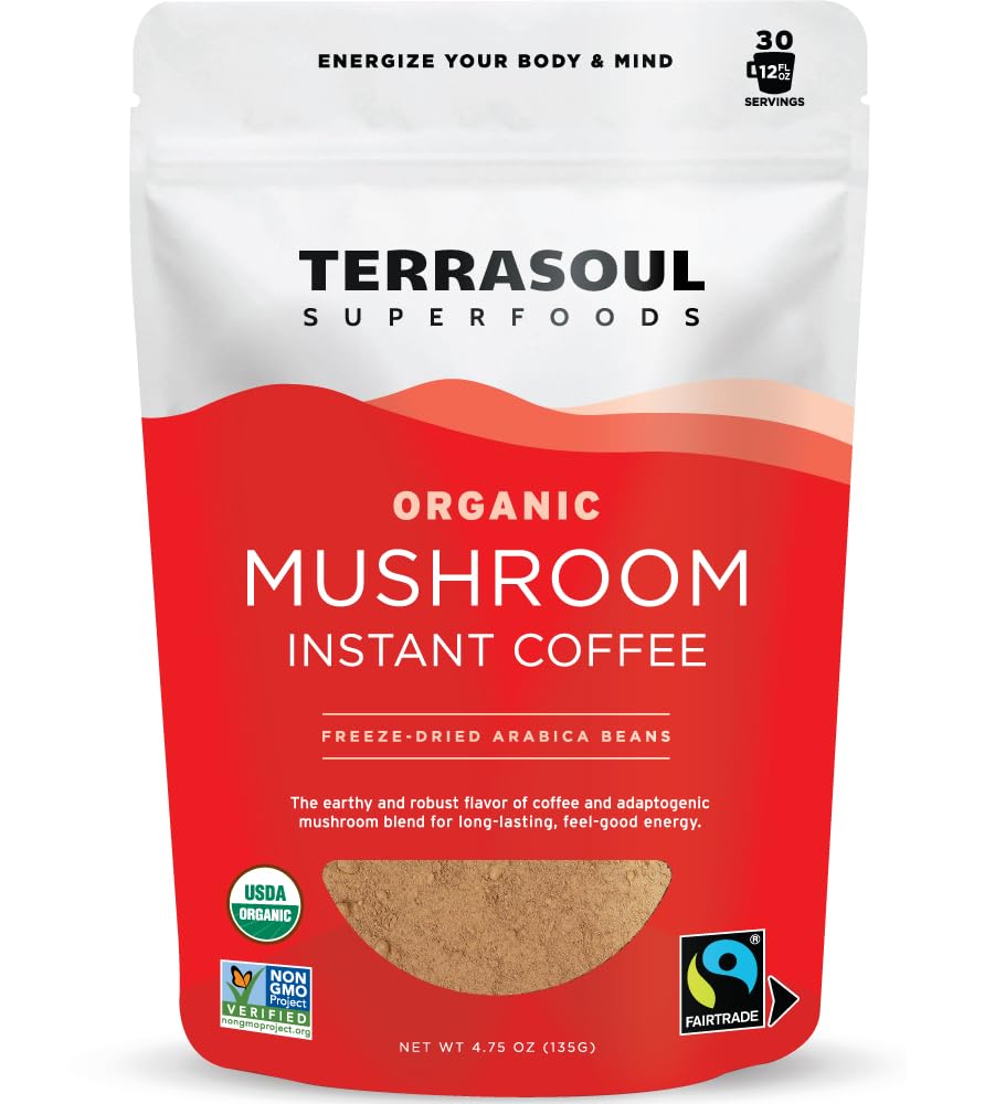 Terrasoul Superfoods Organic Instant Mushroom Coffee 30 Servings 4.75Oz - Fair-Trade | Freeze-Dried | Medium Roast | Arabica Beans