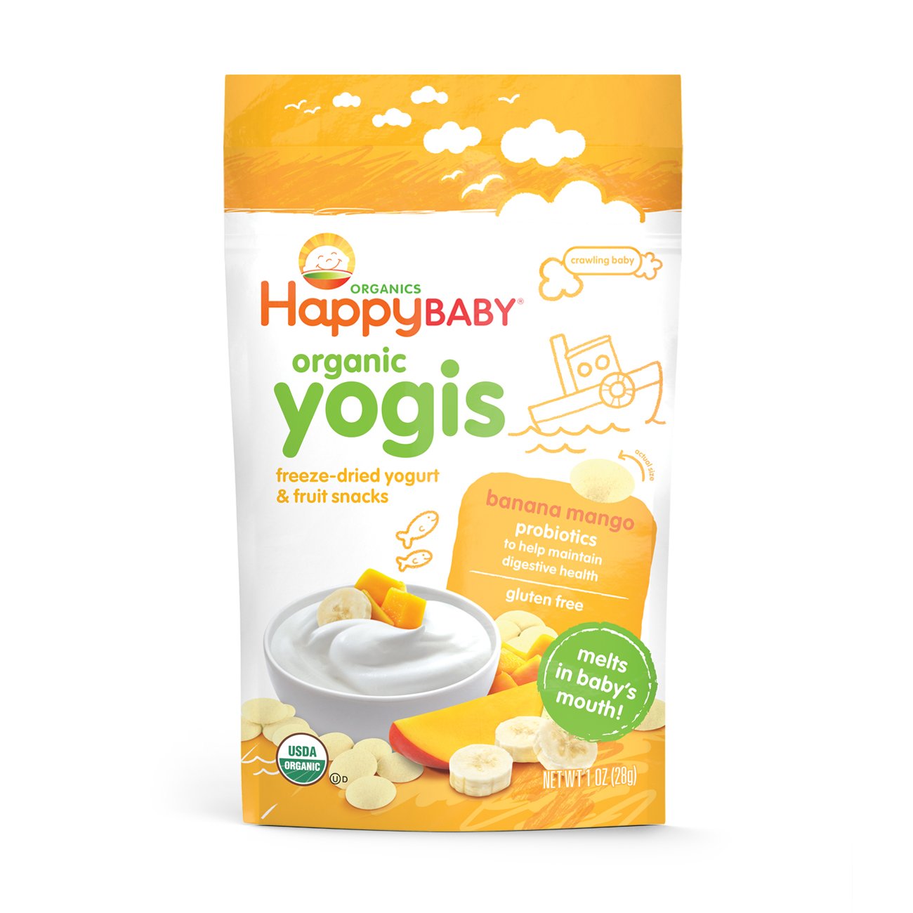 Happy Baby Organic Yogis Freeze-Dried Yogurt & Fruit Snacks Banana Mango, 1 Ounce Bag Organic Gluten-Free Easy to Chew Probiotic Snacks for Babies & Toddlers