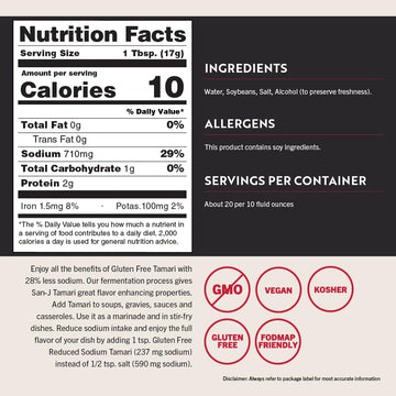 San-J - Gluten Free Tamari Soy Sauce with 28% Less Sodium - Specially Brewed - Made with 100% Soy - 64 oz. Container