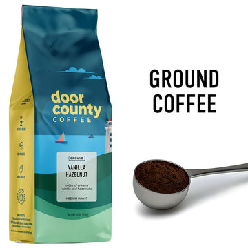 Door County Coffee Vanilla Hazelnut Flavored Coffee Ground | 10 Oz Bag | Flavored Ground Coffee Medium Roast | 100% Specialty Arabica Coffee Ground | Flavored Gourmet Coffee | Vanilla Hazelnut Coffee