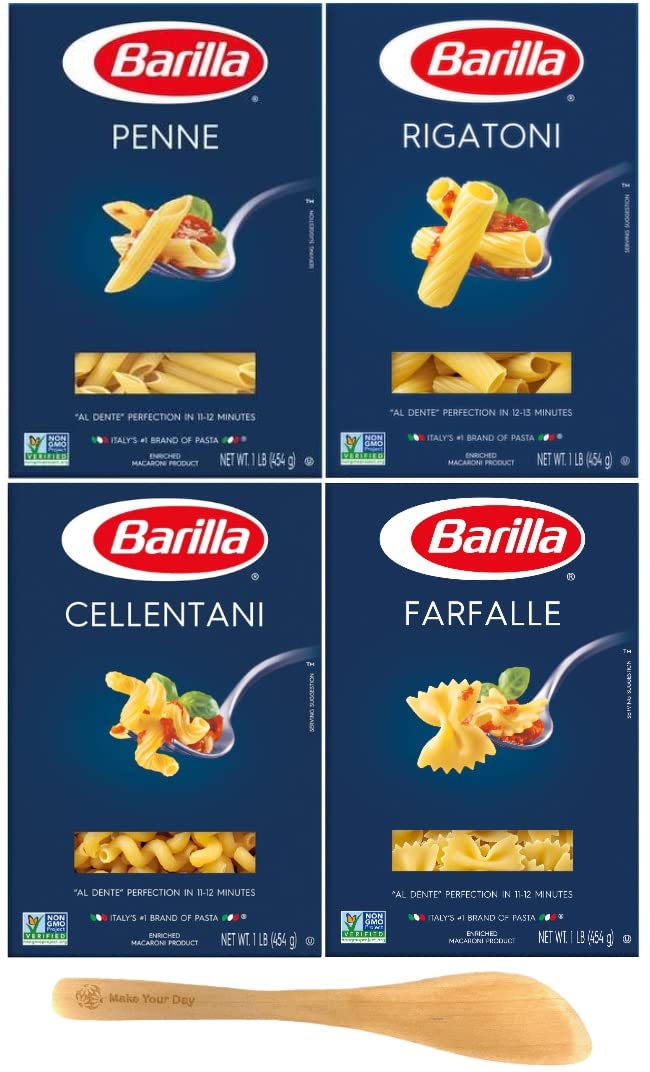 Barilla Pasta, Penne, Rigatoni, Cellentani, and Farfalle, 16 Ounce (Pack of 4) - with Make Your Day Mini Bamboo Spatula