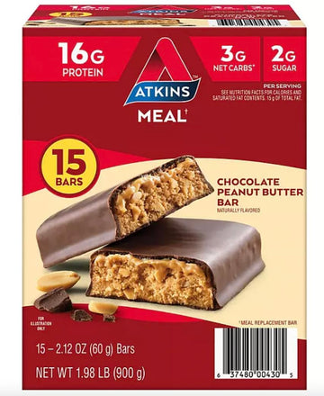 Atkins Meal Bar Chocolate Peanut Butter Pack (14 Count + 2 Bonus Bars)