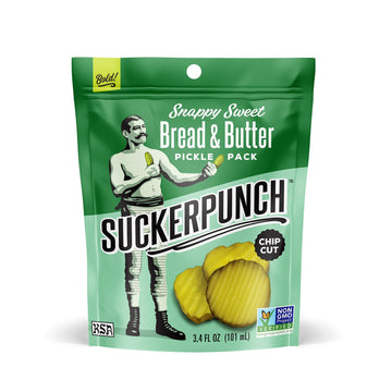 SuckerPunch Snappy Sweet Bread N Butter Dill Pickles Chip-Cut, Gluten Free, Kosher, Sugar Free, Low Calorie, Low Carb, on the Go