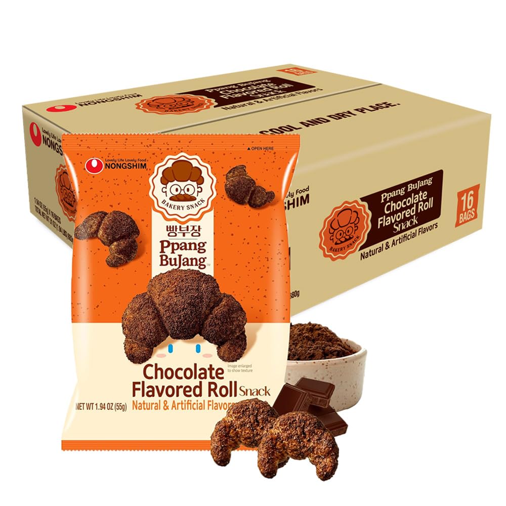 Nongshim Ppang Bujang Chocolate Flavored Roll Snack - Chocolate Flavor Croissant Bakery Good with Cocoa Powder, Soft and Crunchy