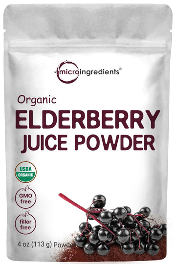 Organic Elderberry Juice Powder, 4Oz | 100% Natural Fruit Powder | Cold Pressed European Elderberries | No Sugar & Additives | Great Flavor For Drinks, Smoothie, & Beverages | Non-Gmo & Vegan