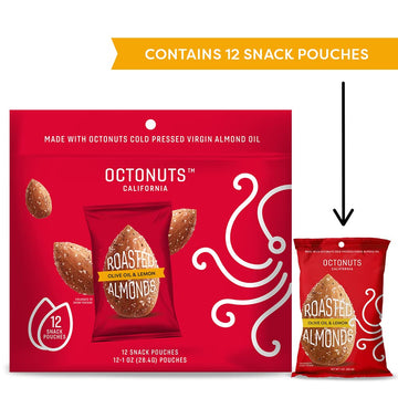 Octonuts Oil Roasted California Almonds 1 Ounce - Olive Oil & Lemon Almond Snack - Gluten Free, Kosher, Keto, Non-Gmo, Lightly Salted Upcycled Oil Roasted Almonds - Sweet And Savory Healthy Nut Snacks - 12 Pack
