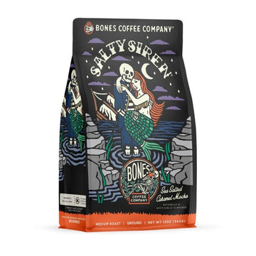 Bones Coffee Company Decaf Salty Siren, Sea Saled Caramel Chocolate Decaffeinated Flavored Coffee, Medium Roast Low Acid Arabica Beans For Auto Drip And French Press Coffee Maker, 12 Oz Ground