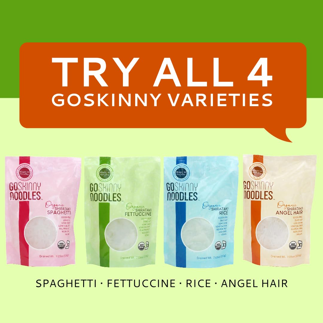 Goskinny Noodles Combo Pack (12), Spaghetti, Fettuccine And Rice, Organic, Odorless, Shirataki & Konjac Pasta, Low Carb, Low Cal