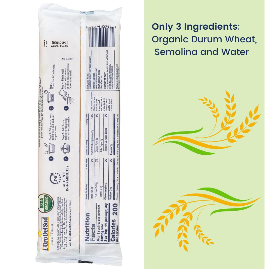 Organic Fettuccine, 100% Durum Wheat, Italian Pasta, Premium Quality Product Of Italy (4 Pack X 16 Oz) Non Gmo, Vegan, Kosher Ce