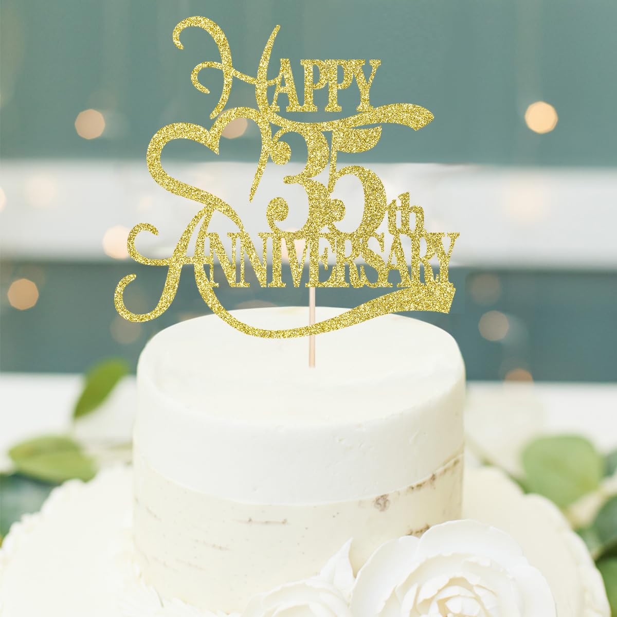 Yetxel Gold Glitter Cake Topper - 35th Anniversary Decoration - Paper - Ideal for Wedding & Birthday Celebrations - 35th Celebration