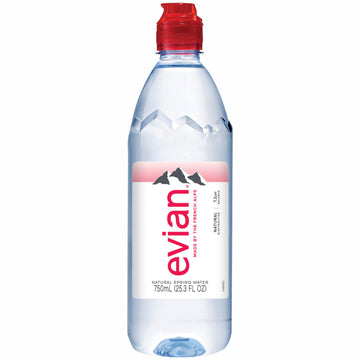evian Natural Spring Water 750ml Water Bottle with Sports Cap, 12 Pack