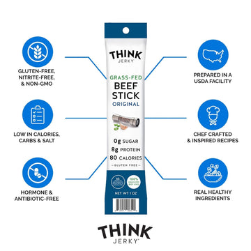 Think Jerky Original Grass-Fed Beef Sticks - Sugar Free, Gluten Free, High Protein, Low Carb, 1 Ounce (Pack of 10)