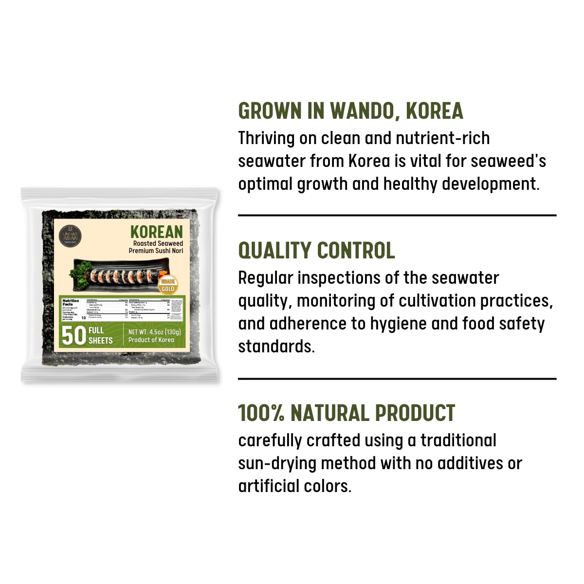 Premium Sushi Nori, GOLD GRADE, Crispy Roasted Seaweed (50 Full Sheets), All Natural, Vegan, Rolls, Sushi, Onigiri, Korean Gimba