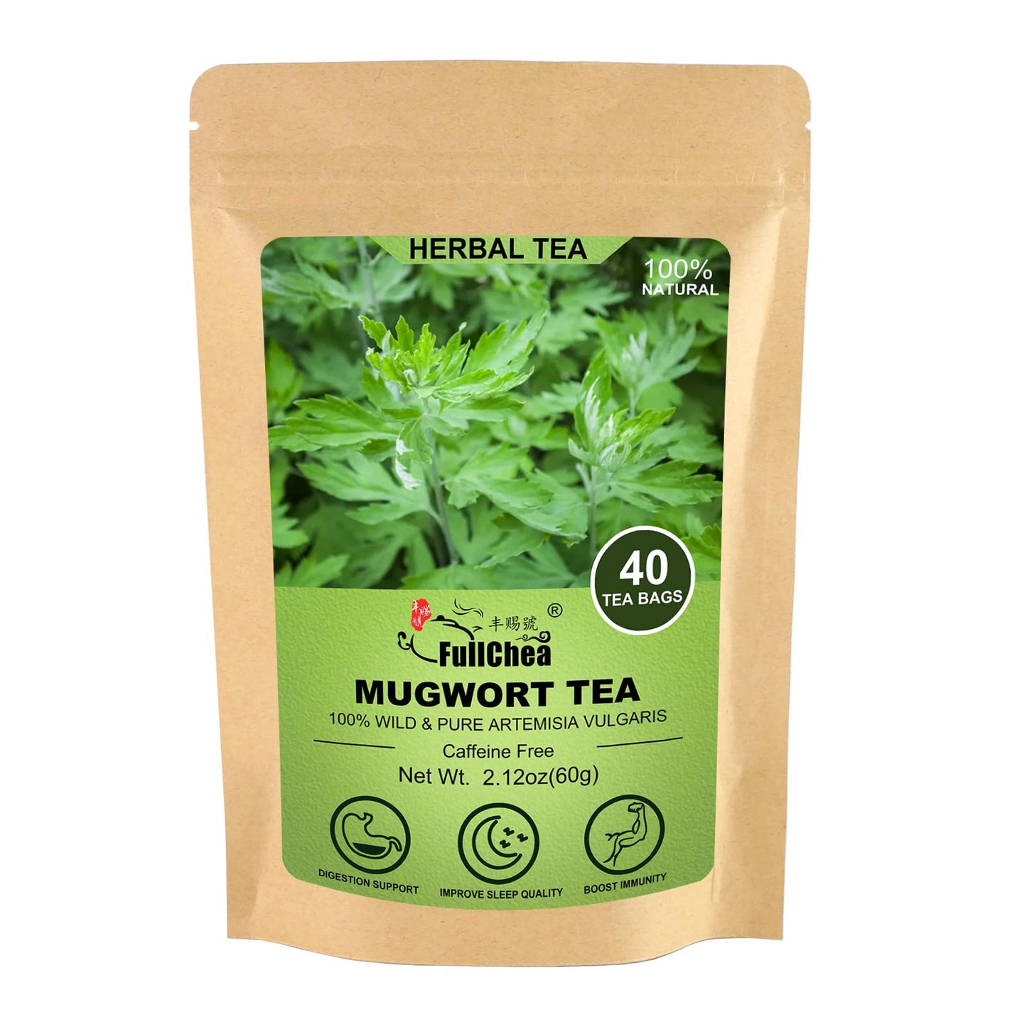 Fullchea - Mugwort Tea Bag 40 Teabags, 1.5G/Bag - 100% Pure Mugwort Leaves Herbal Tea - Rich In Antioxidants