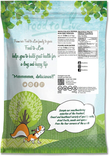 Food To Live Whole Black Pepper, 5 Pounds - Dried Peppercorns, Kosher, Vegan, Bulk Spice. Strong Pungent Flavor. Rich In Mineral