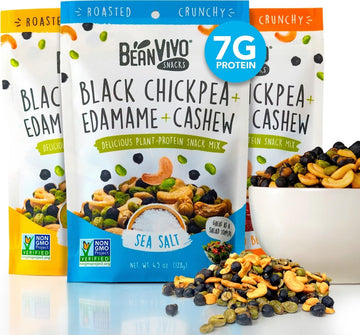 BeanVIVO Plant Based Protein Snacks - (7 Gram Protein) Sea Salt, Habanero BBQ & Dill Pickle with Dried Edamame, Roasted Cashew a