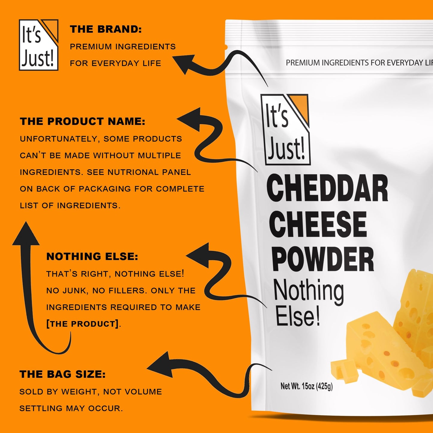 It's Just! Cheddar Cheese Powder, 15oz - Real Cheese, Shelf Stable, Perfect for Cheese Sauce & Flavor Sprinkling - Made in USA