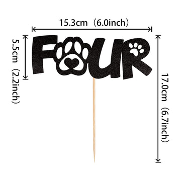 1 Pcs Four Cake Topper Black Glitter 4 Years Old Birthday Dog Paw Cake Pick For Puppy Dog Let'S Pawty Theme Kids Boys Girls 4Th