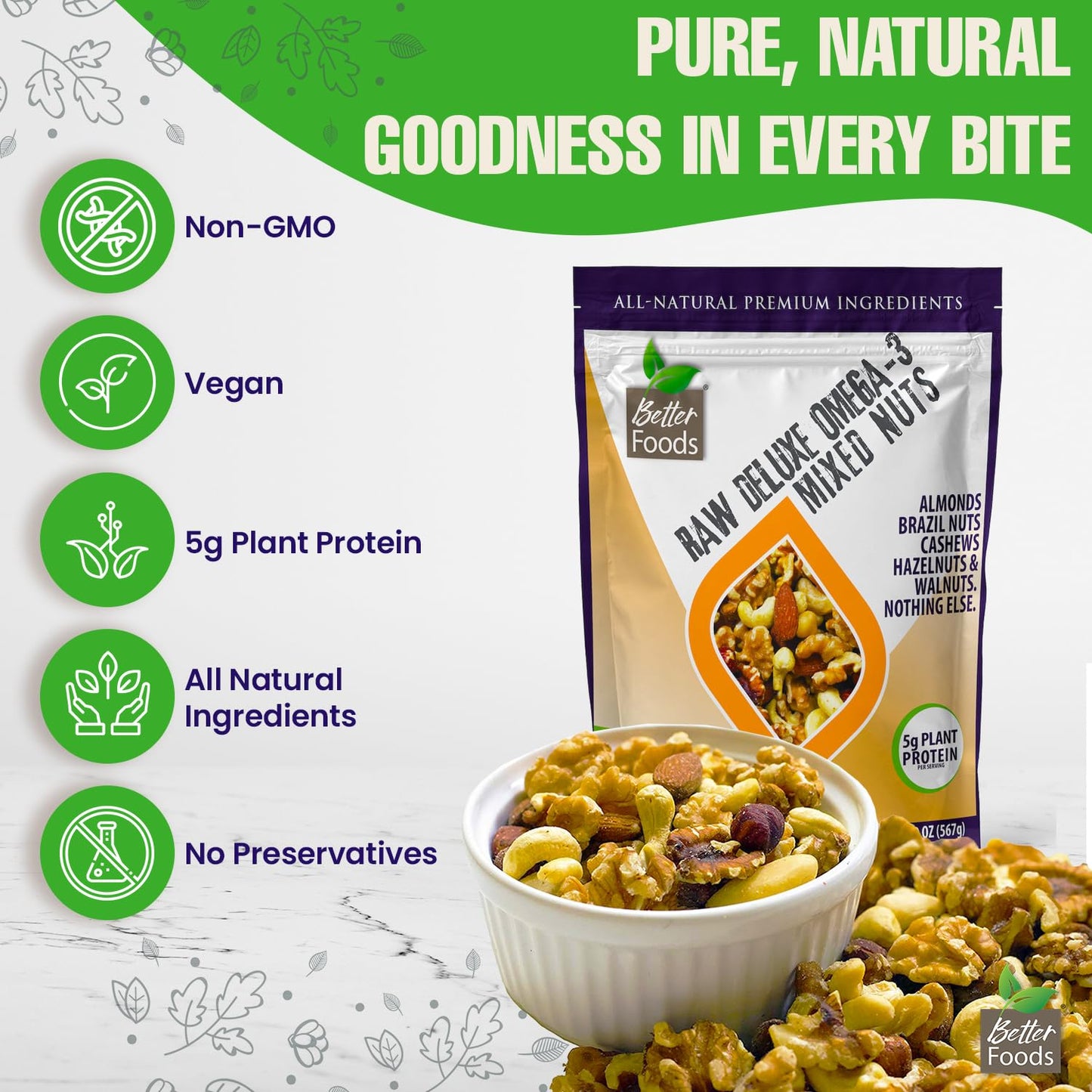 BetterFoods Raw Unsalted Omega-3 Mixed Nuts, 24oz - Almonds, Cashews, Walnuts, Hazelnuts, Brazil Nuts, Gluten Free Snack
