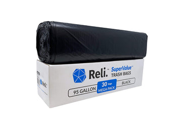 Reli. Supervalue 95 Gallon Trash Bags | 30 Count | Made In Usa | Heavy Duty | Black Multi-Use Garbage Bags