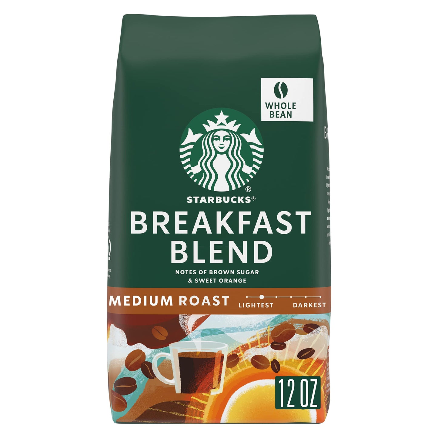 Starbucks Whole Bean Coffee Medium Roast Coffee Breakfast Blend 100% Arabica 1 Bag (12 Oz)
