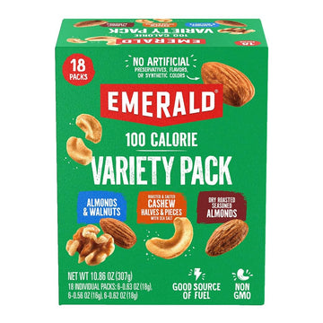 Emerald Nuts Mixed Nuts Variety Pack 18Ct (1-Pack) , 100-Calorie Individual Packs , Features Dry Roasted Almonds, Natural Almonds & Walnuts, And Roasted & Salted Cashews