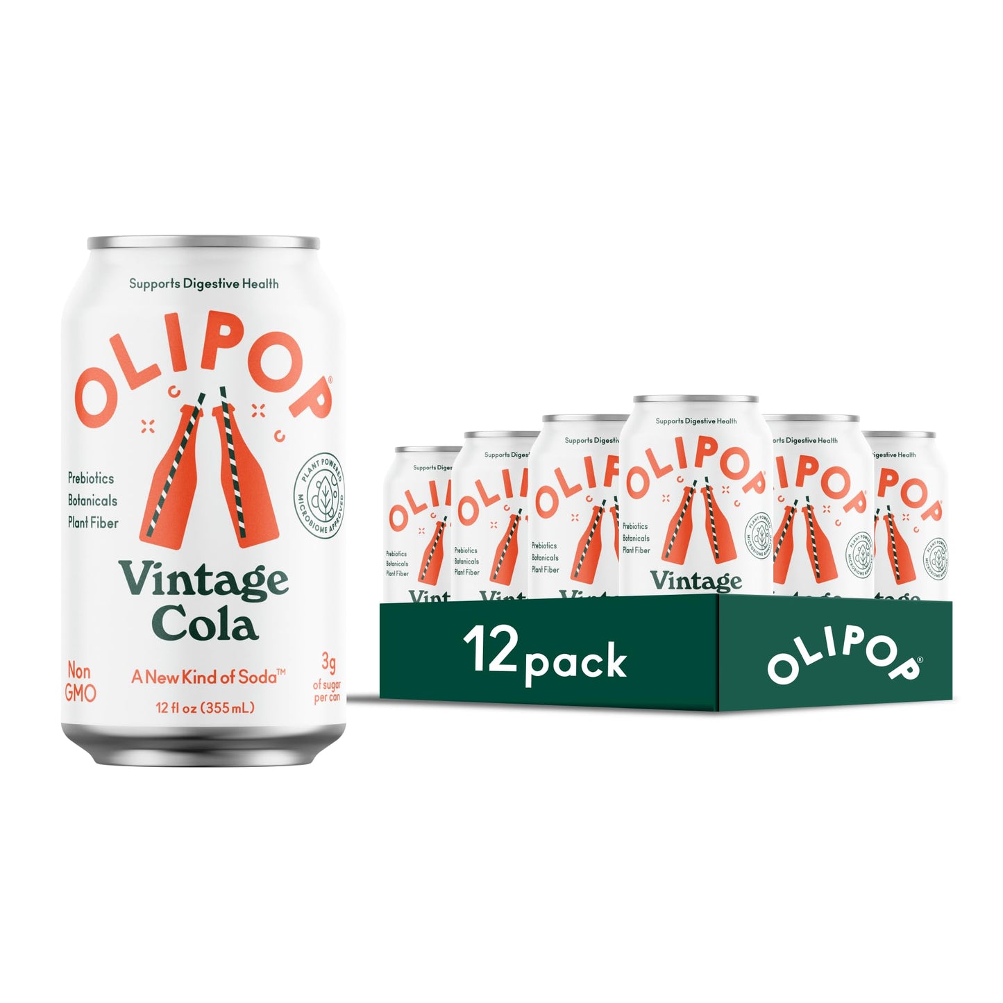 OLIPOP Prebiotic Soda Pop, Vintage Cola, Gluten Free, Vegan, 12oz (Pack of 12)