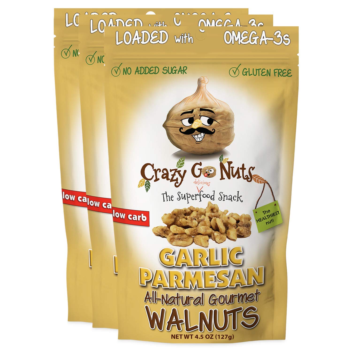 Crazy Go Nuts Walnuts Garlic Parmesan - Healthy Snacks, Keto, Low Carb, Gluten Free, Superfood-Natural, ALA, Omega 3 Fatty Acids