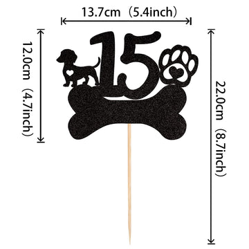 1 Pcs 15Th Birthday Cake Topper Black Glitter Dog Paw Fifteen Years Old Birthday Puppy Dog Bone Cake Pick For Let'S Pawty Baby S